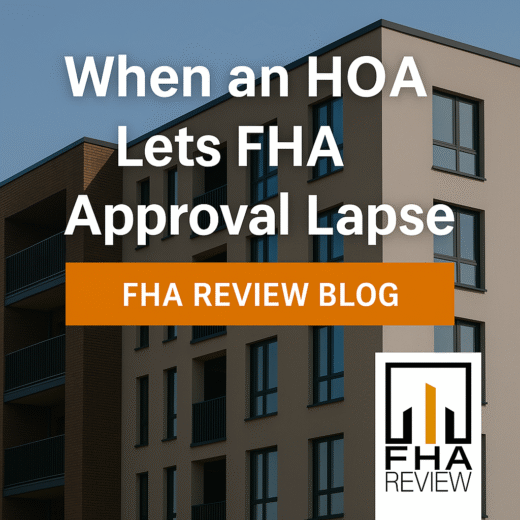 Modern condominium building with “Expired” stamp and blog title text “When an HOA Lets Its FHA Approval Lapse” from FHA Review.